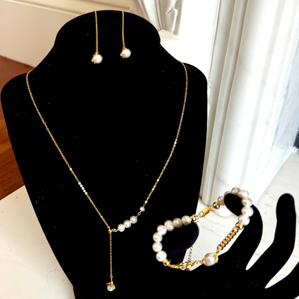 NWT 925 Silver Set ZIYKRA JEWELRY Claw Pearl Necklace Bracelet Earrings 18K Gold